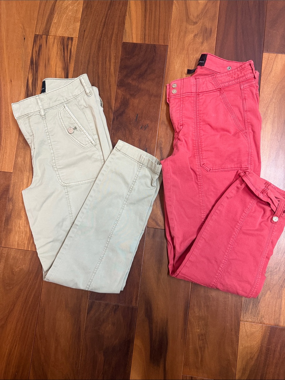 White House Black Market pret pants in salmon and light sage—perfect for spring